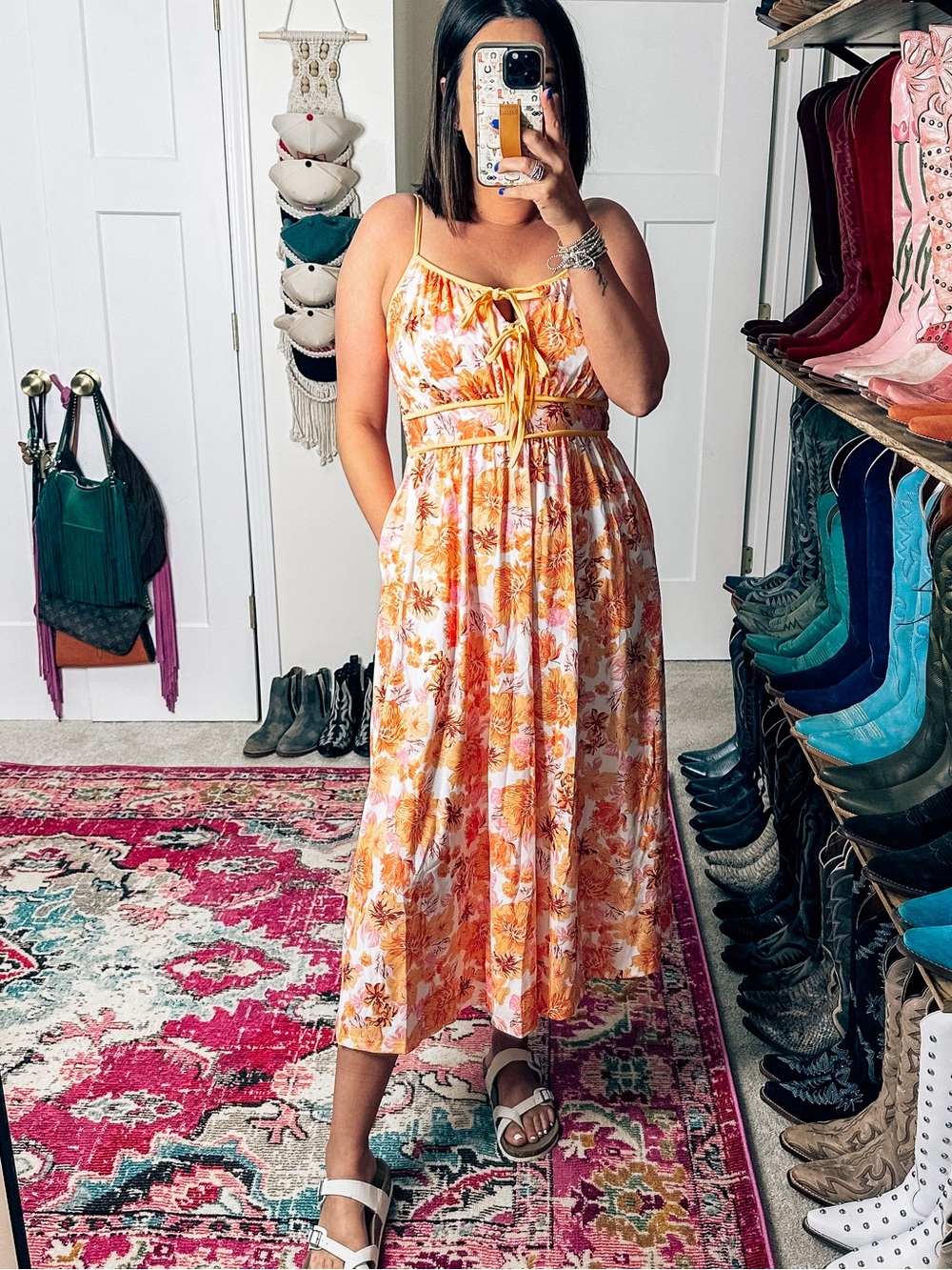 Floral Tie-Front Midi Dress in Orange